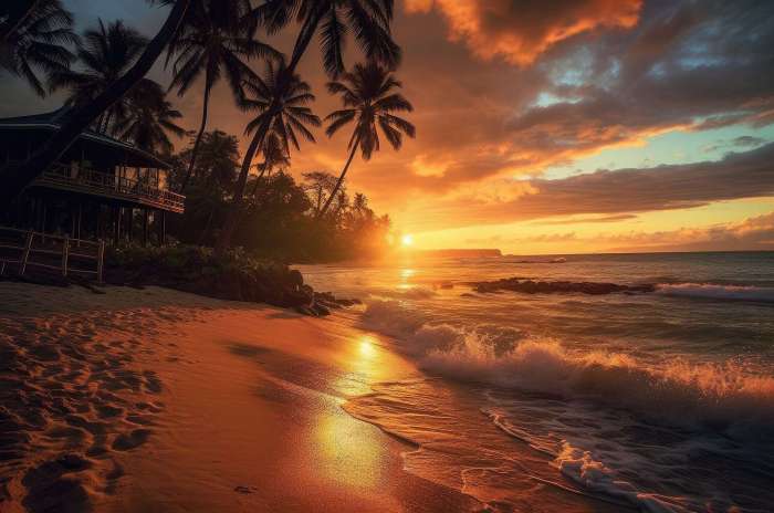 Romantic Tropical Beach with Villa and Palms During Beautiful Sunset Free Stock Photo | picjumbo